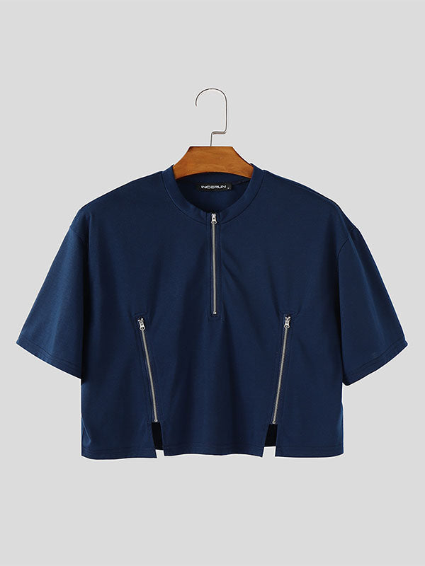 Mens Half-Zip Cropped Short-Sleeve T-Shirt SKUL09317