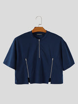 Mens Half-Zip Cropped Short-Sleeve T-Shirt SKUL09317