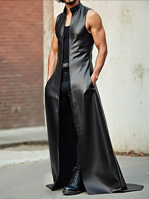 Mens Faux Leather Long Hem Sleeveless Cardigan SKUL26042