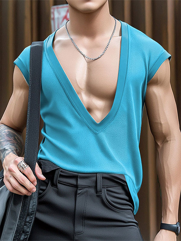 Mens Slightly Sheer Mesh Deep U-Neck Casual Tank SKUL16671