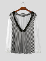 Mens Striped Lace Panel Long-Sleeve Shirt SKUK89887