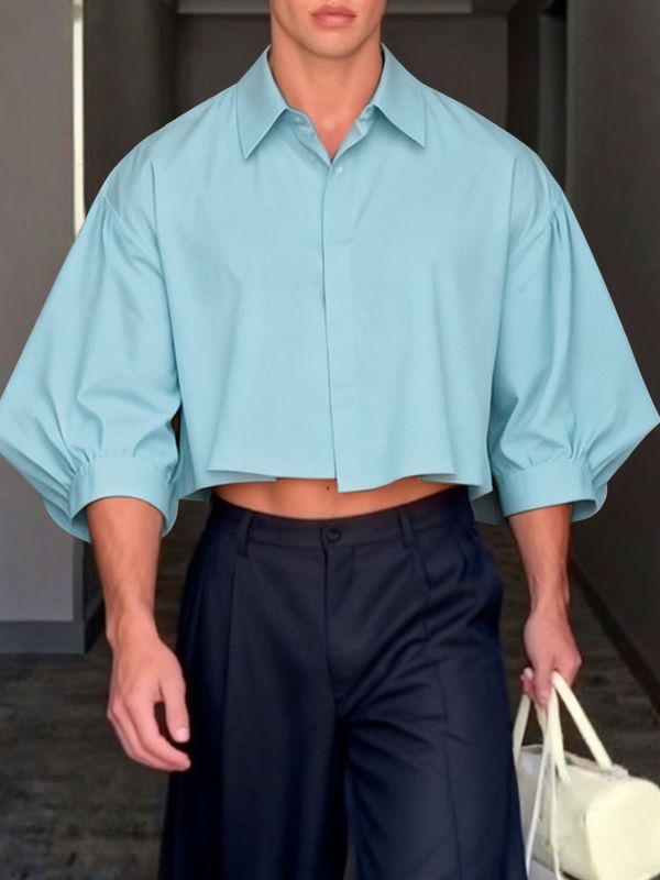 Men's Solid Color Cropped Puff Sleeve Shirt SKUL42634