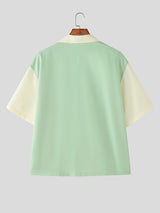 Men's Color Block Drawstring Patchwork Short Sleeve Shirt SKUL39357