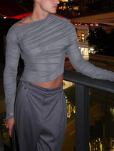 Mens Sheer Ruched Cropped Long Sleeve T-Shirt SKUK97836