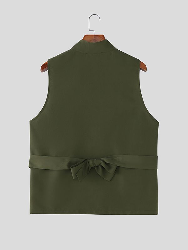 Men's Solid Button Stand Collar Sleeveless Shirt SKUL40117