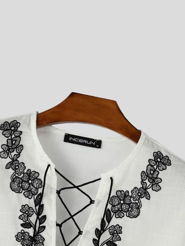 Men's Retro Resort Floral Embroidery Lace-Up Lantern Long Sleeve V-Neck Shirt SKUL79730