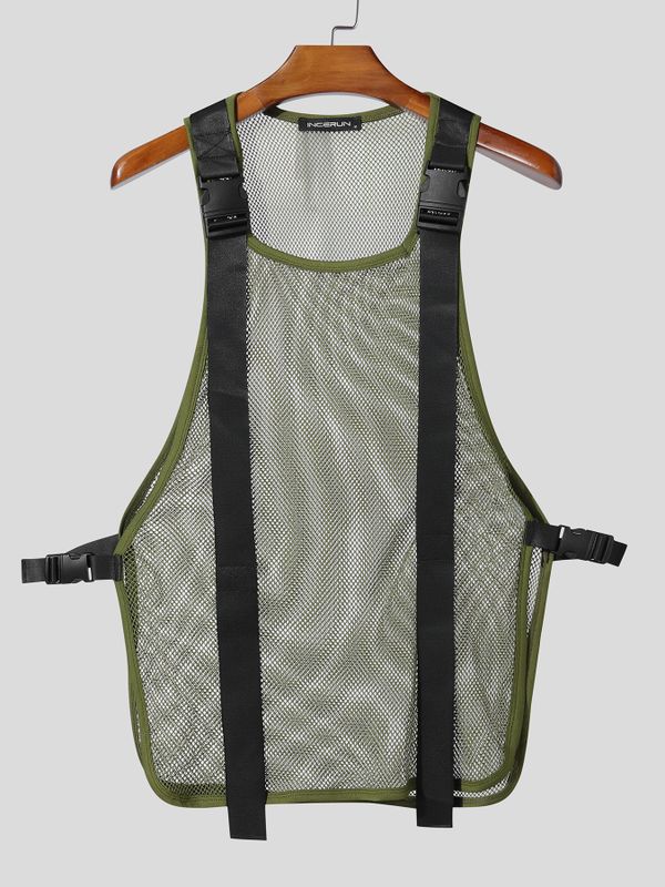 Men's Avant-Garde Tactical Buckle Harness Sheer Mesh Sideless Tank SKUL63046