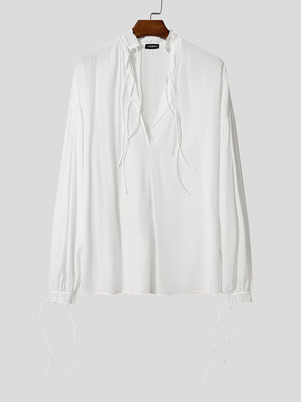 Men's Drawstring Design Ruffle Edge Long Sleeve Shirt SKUL47637