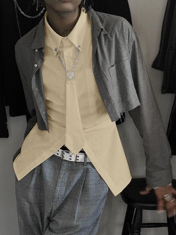 Men's Deconstructed Metal Buckle Tie Long Sleeve Shirt SKUL42420