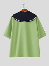 Men's Contrast Color Floral Sailor Collar Tie Shirt SKUL41283