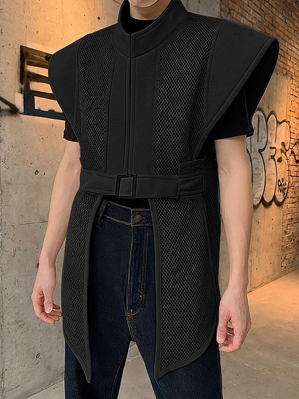 Men's Avant-Garde Strong-Shoulder Mesh-Panel Tactical Belted Techwear Waistcoat SKUL54772