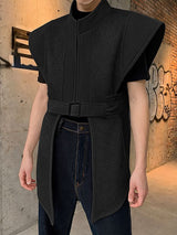 Men's Avant-Garde Strong-Shoulder Mesh-Panel Tactical Belted Techwear Waistcoat SKUL54772