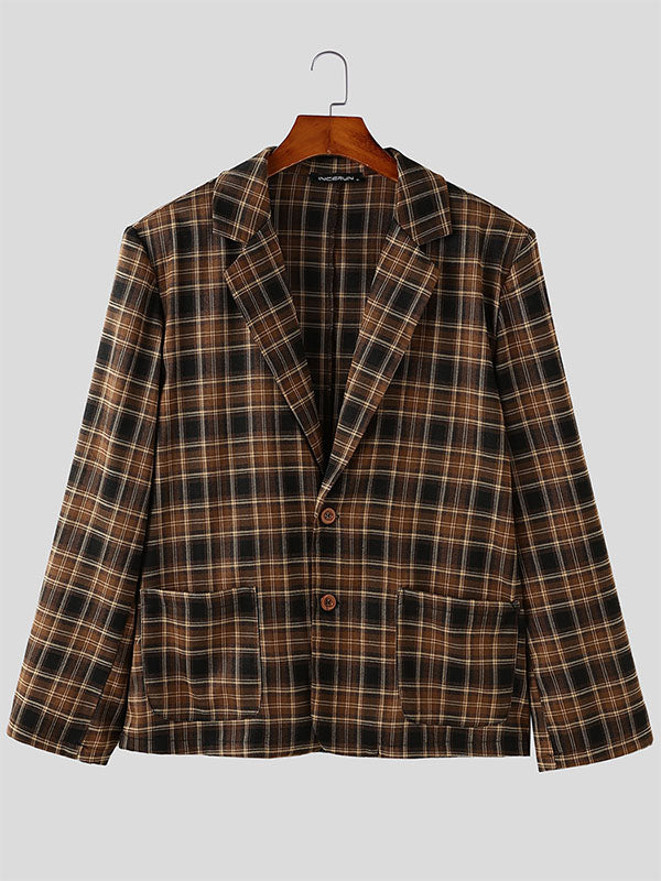 Mens Plaid Shoulder Pad Long Sleeve Blazer SKUK79190