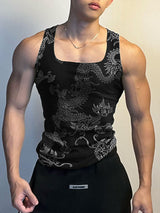 Mens Dragon Print Square Collar Sleeveless Vest SKUK42212