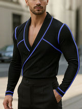 Men's Knit Color Block Trim Lapel Long Sleeve T-Shirt SKUL45325