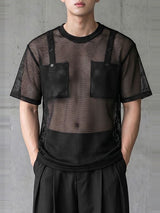 Men's Avant-Garde High Street Sheer Fishnet Mesh Button Detail Cargo Pocket T-shirt SKUL65245