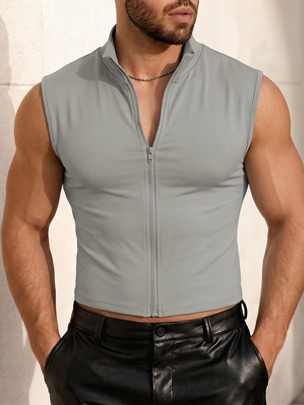 Men's Cyberpunk Techwear Mock Neck Full Zip Up Slim Fit Cropped Tank SKUL66209