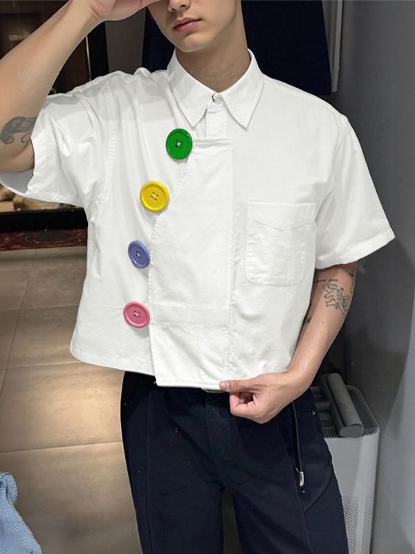 Men's Avant-Garde Asymmetrical Oversized Multi-Color Button Cropped Boxy Shirt SKUL60822