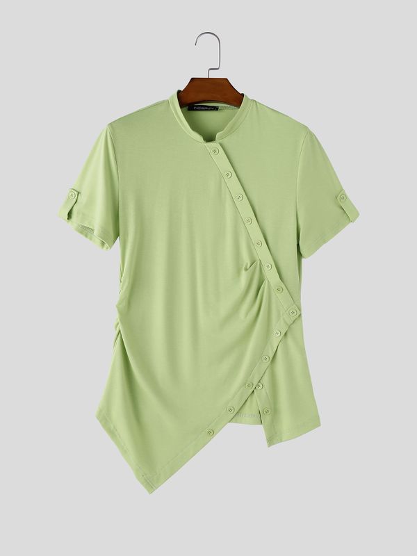 Men's Avant-Garde Asymmetric Diagonal Button Ruched Mock Neck Short Sleeve T-shirt SKUL66872