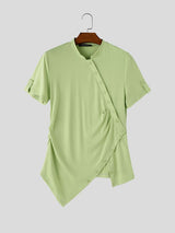 Men's Avant-Garde Asymmetric Diagonal Button Ruched Mock Neck Short Sleeve T-shirt SKUL66872