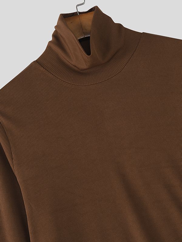 Men's Ribbon Tassel Patchwork Asymmetrical Hem High Neck Knitted T-shirt SKUL43939