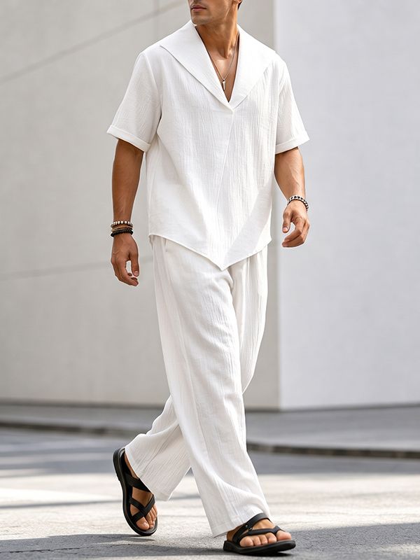 Men's Minimalist Resort Wide Collar Asymmetrical Hem Two Pieces Outfit SKUL74891