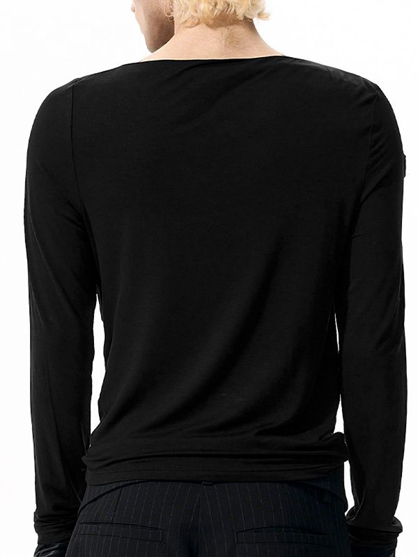 Men's Solid Color Leather Buckle Patchwork Long Sleeve T-shirt SKUL42293