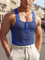 Men's Sexy Sheer Mesh Fishnet Buckle Strap Button Front Tank SKUL73604