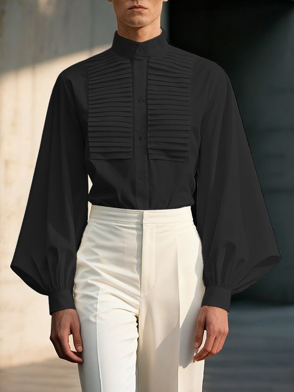 Men's Solid Color Pleated Long Sleeve Shirt SKUL48014