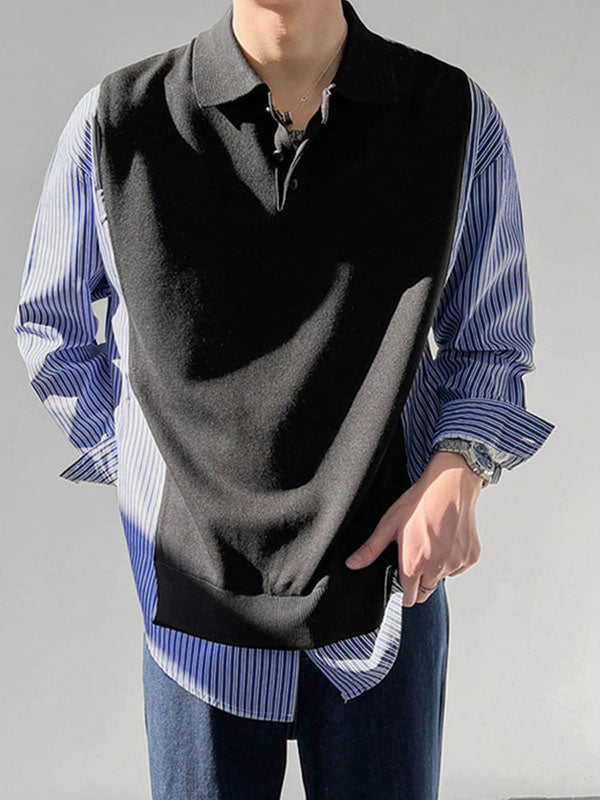 Mens Striped Knit Patchwork Long-Sleeve Shirt SKUK79187