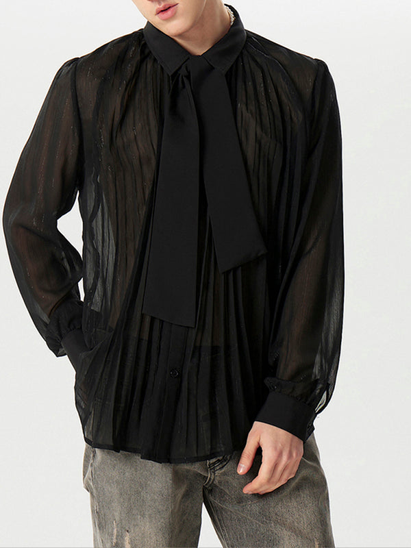 Mens Glitter Pleated Mesh Tie Neck Shirt SKUK44694