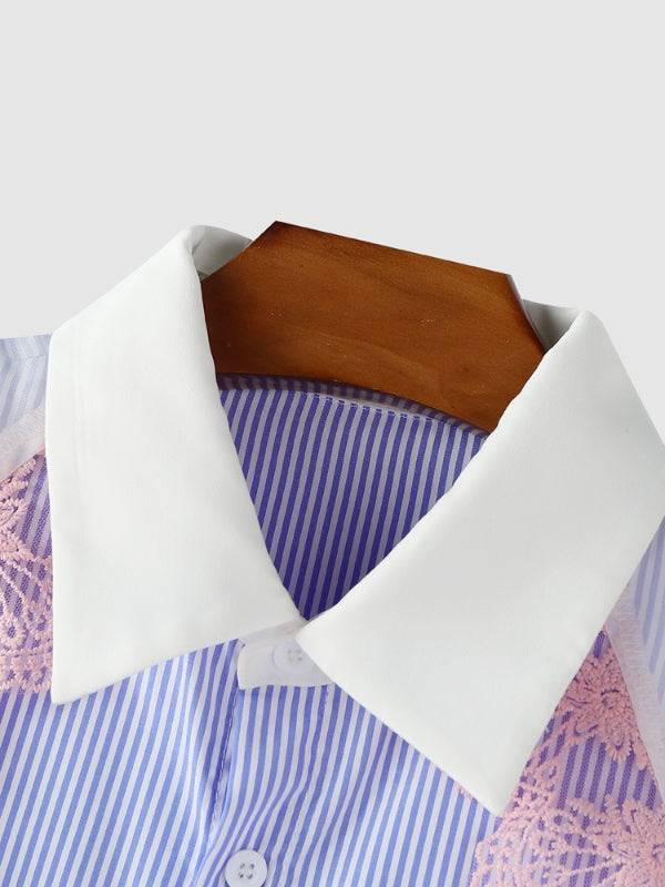 Men's Lace Trim Patchwork Striped Long Sleeve Shirt SKUL22820