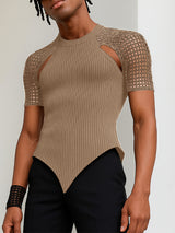 Men's Grid Mesh Patchwork Knit Short Sleeve T-Shirt SKUL22773