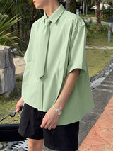 Mens Asymmetrical Hem Tie Short Sleeve Shirt SKUL11380