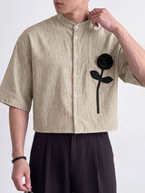 Men's Clean Fit Gallery 3D Floral Applique Chest Pocket Cropped Boxy Half Sleeve Stand Collar Shirt SKUL83946
