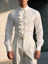 Mens Solid Color Ruffle Collar Long Sleeve Shirt SKUL27250