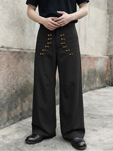 Men's Vintage Military Heavy Pintuck Double-Breasted Button High Waist Wide Leg Pant SKUL66968