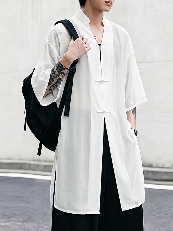 Men's New Chinese Style Sheer Chiffon Frog Button Side Split Long Kimono Shirt SKUL67204