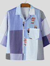 Men's Bear Print Striped Short Sleeve Shirt SKUL47706