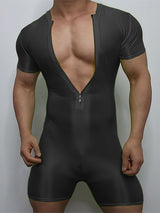 Mens Ice Silk Zip-Up Fitted Short Sleeve Bodysuit SKUL10799
