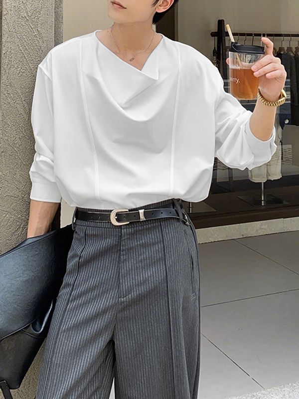 Men's Solid Color Draped Collar Design Long Sleeve Shirt SKUL36334