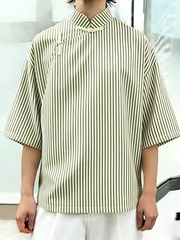 Men's New Chinese Style Pinstripe Asymmetrical Frog-Button Shirt SKUL56249