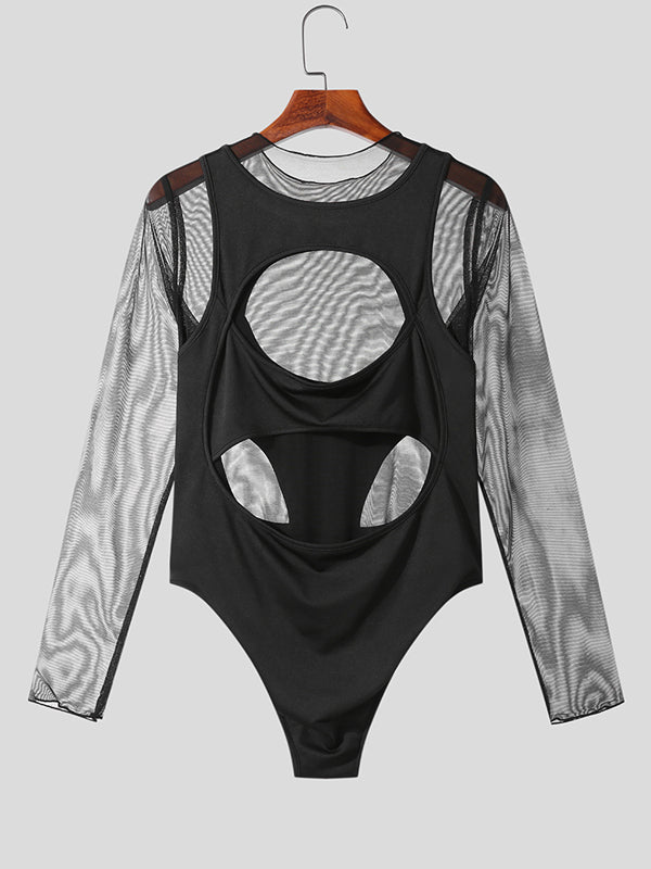 Mens Cutout Mesh Patchwork Long Sleeve Bodysuit SKUK26614