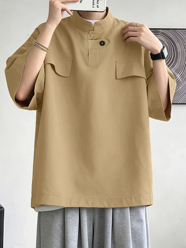 Men's Modern Chinoiserie Mock Neck Asymmetric Tab Button Utility Short Sleeve Shirt SKUL68246