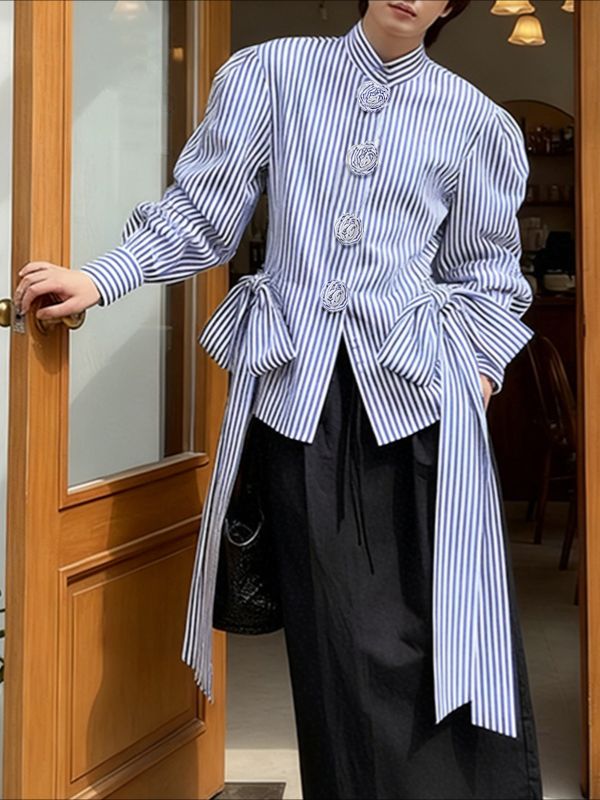 Men's 3D Floral Decor Striped Bow Long Sleeve Shirt SKUL47643