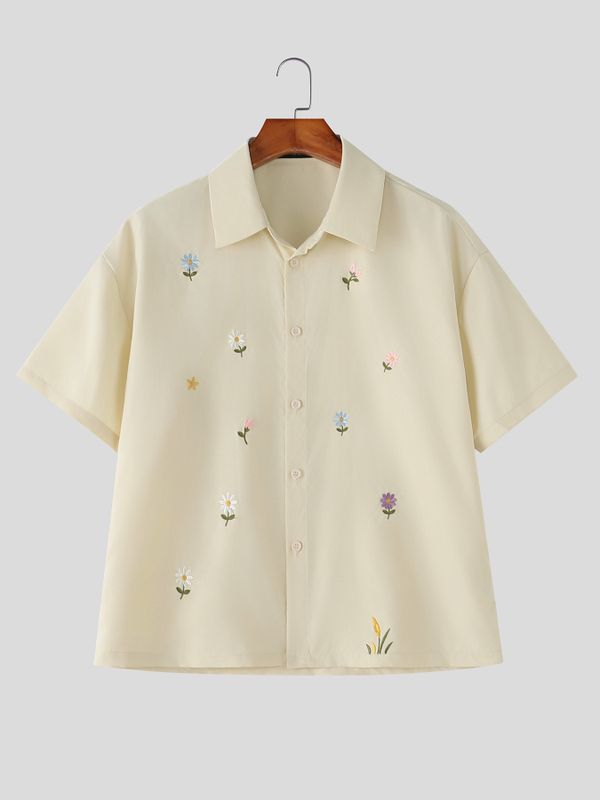 Men's Casual Vintage Delicate Floral Print Cuban Collar Short Sleeve Shirt