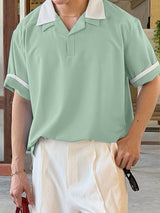 Men's City Boy Contrast Collar Dropped Shoulder V Neck Short Sleeve Shirt SKUL73770