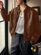 Men's Fake Two Piece Faux Leather Zip Long Sleeve Jacket SKUL40112