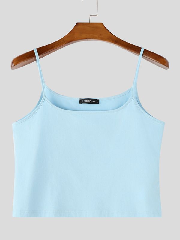 Men's High-Street Avant-Garde Ultra-Thin Spaghetti Strap Straight Neckline Cropped Tank SKUL70421