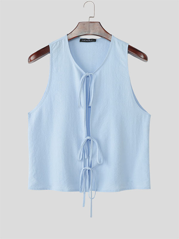 Mens Solid Color Lace-Up Design Casual Tank SKUL13172